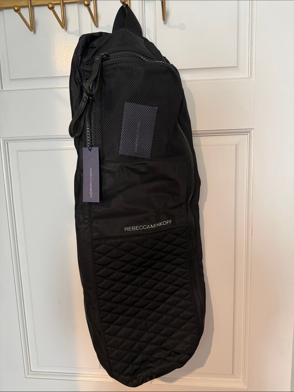 Rebecca Minkoff Black Quilted Sling yoga mat Bag with Mesh Pocket